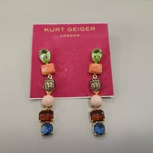 NWT Kurt Geiger Gold Mixed Crystal & Semiprecious Stone Linear Drop Earrings